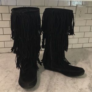 Hot Tomato Black Suede Boots Womens Size 7 Black Triple Fringe
